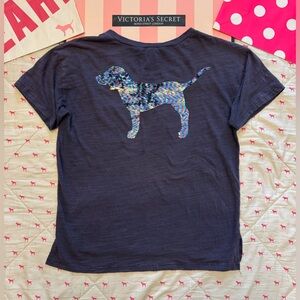 VS PINK Y2K V-NECK TEE SHIRT NAVY BLUE RAINBOW REVERSE SILVER BLING DOG PUP HTF